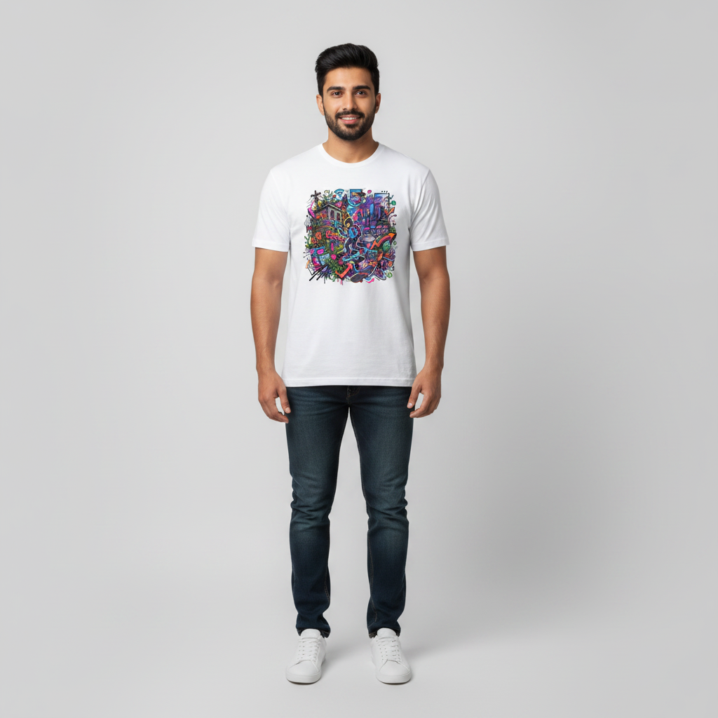 Somokriti Unisex Premium Cotton Printed T-Shirt - The Cyber Street Graffiti | Regular Fit, Half Sleeve, Round Neck