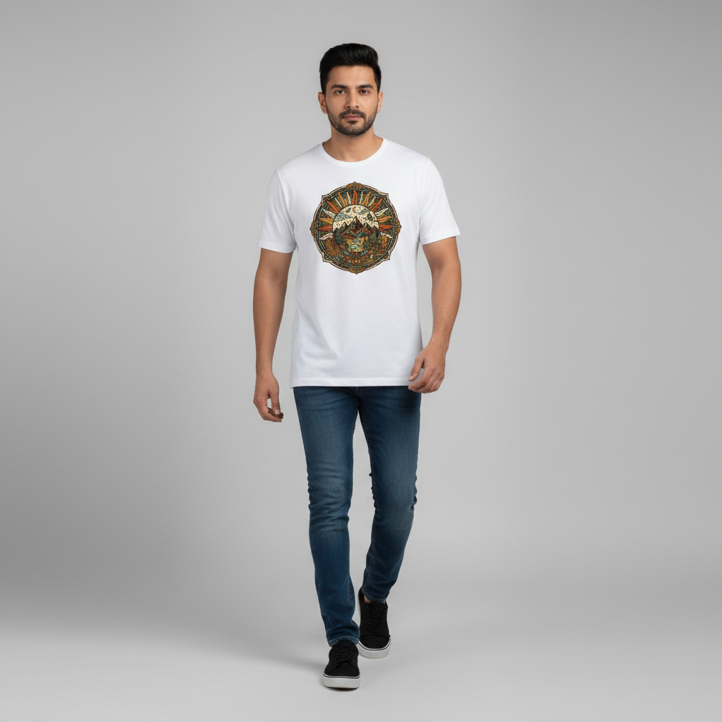 Somokriti Unisex Premium Cotton Printed T-Shirt - The Solar Mountain Mandala | Regular Fit, Half Sleeve, Round Neck