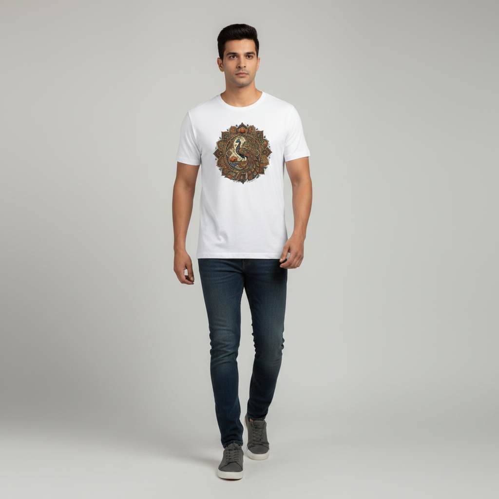 Somokriti Unisex Premium Cotton Printed T-Shirt - The Mayur Mandala | Regular Fit, Half Sleeve, Round Neck